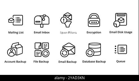 Mailbox E-Mail-Filter Spam-Datei Backup Datenträgerverwendung Symbol Sammlung Set Vektorgrafik Abbildung Webhosting Server Management Tools Stock Vektor