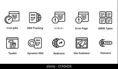 toolkit Site Publisher dynamische DNS Cron-Jobs geplante Verfolgung Fehlerseite Symbolsammlung Vektorgrafik Abbildung Webhosting-Server Stock Vektor