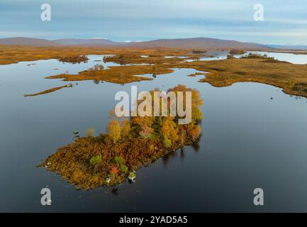 Glen Coe, Schottland, Großbritannien. Oktober 2024. Aus der Vogelperspektive von der Drohne auf Loch Ba im Rannoch Moor mit Bäumen, die Herbstfarben zeigen. Iain Masterton/Alamy Live News Stockfoto