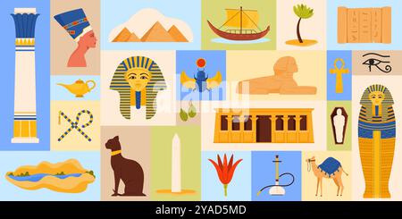 Reisen Sie nach Ägypten mit geometrischem Bannerdesign mit antiken ägyptischen Zivilisationselementen, Mythologie und Archäologie Set. Auge des Horus und Pyramiden, Scarab und Papyrus, Shisha Cartoon Vektor Illustration Stock Vektor