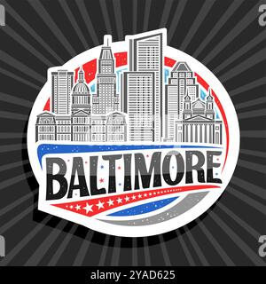 Vektor-Logo für Baltimore, weißer dekorativer Kreis Tag mit Linie Illustration der baltimore Stadt Landschaft auf Tag Himmel Hintergrund, Kunst Design Kühlschrank m Stock Vektor