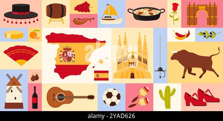 Vektor-Illustration verschiedener spanischer kultureller Elemente, die traditionelle Speisen, Architektur und Wahrzeichen darstellen. Höhepunkte Spaniens einzigartiges kulturelles Erbe. Stock Vektor