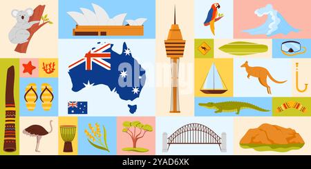 Vektor-Illustration mit Schlüsselsymbolen der australischen Kultur, Tierwelt und berühmten Wahrzeichen. Spiegelt die nationale Identität und das Erbe Australiens wider. Stock Vektor