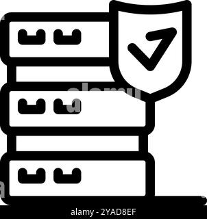 Einfaches fett formatiertes Umrisssymbol, das die Datensicherheit darstellt und eine Datenbank mit einem Schild und einem Häkchen anzeigt Stock Vektor