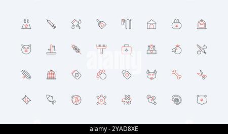Veterinär- und Haustierpflege zu Hause, Symbolsatz. Hundehütte, Haus und Käfig des Tieres, Kätzchen und Kaninchen Gesicht, Schüssel für Futter und Knochen, Impfstoff dünne schwarze und rote Umrisssymbole Vektor-Illustration Stock Vektor
