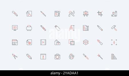 Künstler- und Designerwerkzeug für Kunstschaffen, Icon Set für Bastelmaschinen. Schreibwaren und Materialien, um künstlerisches Bild, grafisches Design dünne schwarze und rote Umrisssymbole Vektorillustration zu zeichnen Stock Vektor