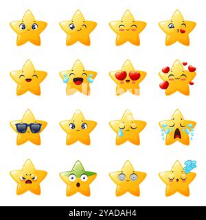 Süße Smiley-Sterne. Kawaii lustige Emoji, Kinder Maskottchen mit verschiedenen Emotionen, traurig, lustig, wütend Gesichter, gelbe Comic-Charaktere, liebe, schlafe und Stock Vektor