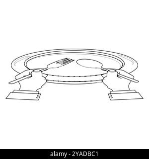 Outline Hands halten Besteck mit leerem Teller, geeignet für ein Malbuch. Das Liniendesign ist schlicht und doch elegant und sorgt für ein Farberlebnis Stock Vektor