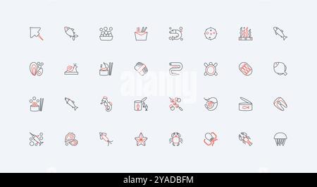 Fisch und Meeresfrüchte, Bio-Fisch und Muscheln in gesundem Restaurant-Menü-Linie Icon Set. Frisches Lachsfilet, Garnelen am Spieß, Sardinen Dose, Tintenfisch dünne schwarze und rote Umrisssymbole Vektor-Illustration Stock Vektor