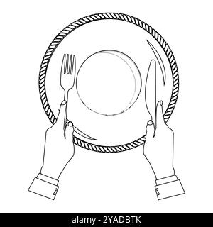 Outline Hands halten Besteck mit leerem Teller, geeignet für ein Malbuch. Das Liniendesign ist schlicht und doch elegant und sorgt für ein Farberlebnis Stock Vektor