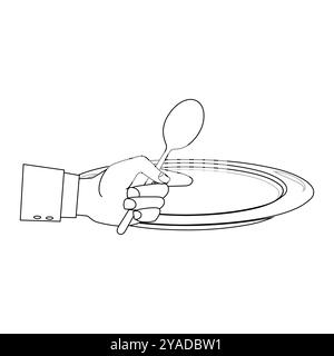 Outline Hands halten Besteck mit leerem Teller, geeignet für ein Malbuch. Das Liniendesign ist schlicht und doch elegant und sorgt für ein Farberlebnis Stock Vektor