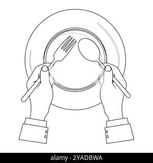 Outline Hands halten Besteck mit leerem Teller, geeignet für ein Malbuch. Das Liniendesign ist schlicht und doch elegant und sorgt für ein Farberlebnis Stock Vektor