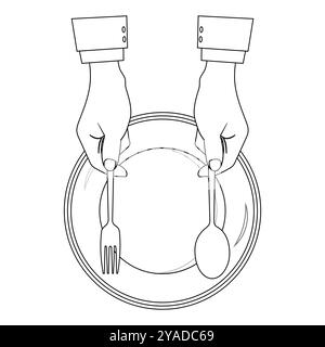 Outline Hands halten Besteck mit leerem Teller, geeignet für ein Malbuch. Das Liniendesign ist schlicht und doch elegant und sorgt für ein Farberlebnis Stock Vektor