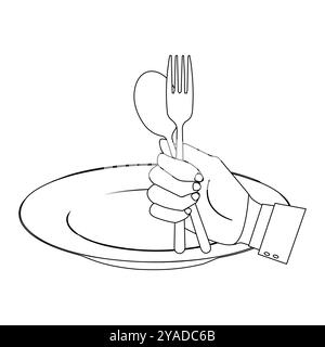 Outline Hands halten Besteck mit leerem Teller, geeignet für ein Malbuch. Das Liniendesign ist schlicht und doch elegant und sorgt für ein Farberlebnis Stock Vektor