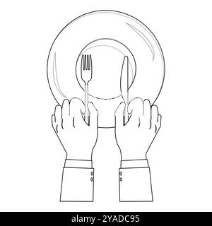 Outline Hands halten Besteck mit leerem Teller, geeignet für ein Malbuch. Das Liniendesign ist schlicht und doch elegant und sorgt für ein Farberlebnis Stock Vektor