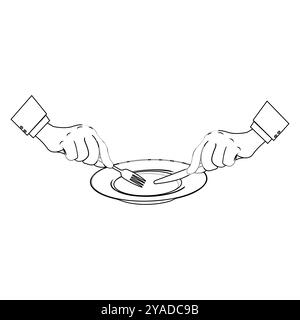 Outline Hands halten Besteck mit leerem Teller, geeignet für ein Malbuch. Das Liniendesign ist schlicht und doch elegant und sorgt für ein Farberlebnis Stock Vektor