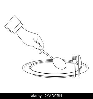 Outline Hands halten Besteck mit leerem Teller, geeignet für ein Malbuch. Das Liniendesign ist schlicht und doch elegant und sorgt für ein Farberlebnis Stock Vektor