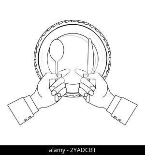 Outline Hands halten Besteck mit leerem Teller, geeignet für ein Malbuch. Das Liniendesign ist schlicht und doch elegant und sorgt für ein Farberlebnis Stock Vektor