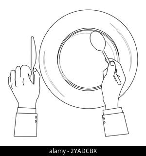 Outline Hands halten Besteck mit leerem Teller, geeignet für ein Malbuch. Das Liniendesign ist schlicht und doch elegant und sorgt für ein Farberlebnis Stock Vektor