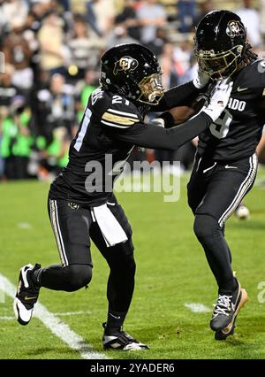 12. Oktober 2024: Colorado Buffaloes Safety Shilo Sanders (21) macht Defensivübungen vor dem Fußballspiel zwischen Colorado und Kansas State in Boulder, CO. Derek Regensburger/CSM. Stockfoto