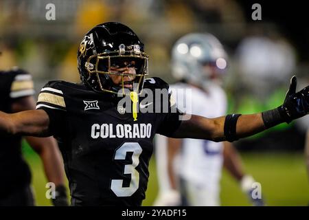 12. Oktober 2024: Colton Hood (3) feiert seine Interception während der zweiten Hälfte des Fußballspiels zwischen Colorado und Kansas State in Boulder, CO. Derek Regensburger/CSM. Stockfoto