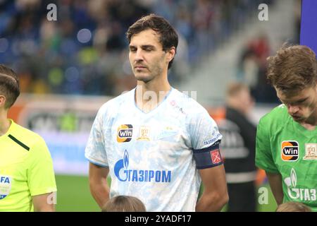 Sankt Petersburg, Russland. Oktober 2024. Aleksander Erokhin (21) von Zenit, der während des Fußballspiels der Winline Super Series zwischen Zenit Sankt Petersburg und Vojvodina Serbien in der Gazprom Arena zu sehen war. Endpunktzahl: Zenit 4:1 Vojvodina. Quelle: SOPA Images Limited/Alamy Live News Stockfoto