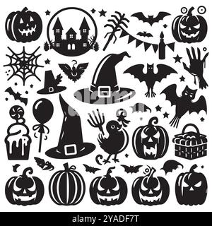 Schwarze Silhouetten von Halloween-Symbolen mit ikonischen Bildern wie Fledermäusen, Kürbissen und gruseligen Figuren. Stock Vektor