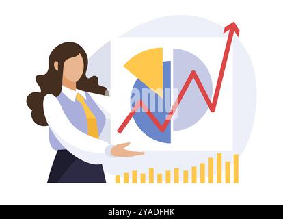 Geschäftsfrau hat wachsende Diagramme, Diagramme und Pfeile. Konzept der beruflichen Arbeit, Datenanalyse und -Planung. Business-Illustration mit flachem Vektor. Stock Vektor