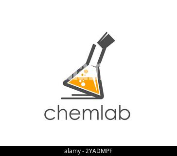 Wissenschaftslabor Symbol für wissenschaftlich-chemische Labore mit Becher oder Kolben mit einer orangen Flüssigkeit mit Blasen. Isoliertes Vektoremblem oder Etikett für Chemie und wissenschaftliche Forschung Stock Vektor