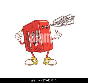 Küchenutensilien und Küchenutensilien im Retro-Stil. Isolierte Karikaturvektor rote Handmixer Gerätepersönlichkeit steht mit einem großen Lächeln, bereit für enthusiastisches Kochen und Mischen in der Küche Stock Vektor