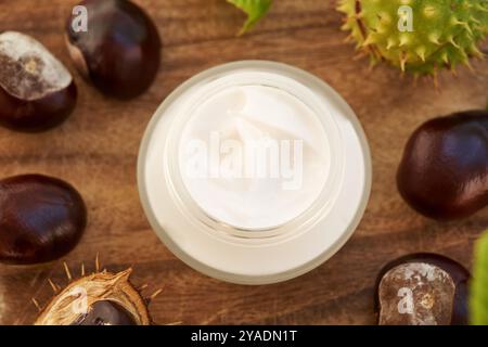 Hausgemachte Rosskastaniensalbe in einem Glas auf einem Tisch Stockfoto