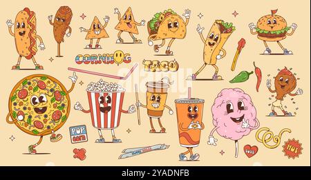 Fastfood Cartoon Retro groovy Charaktere, flippige Burger und Pizza, Vektorfiguren. Fröhlicher grooviger Taco mit Popcorn und Cheeseburger, Hot Dog und Taco mit Kaffee in Hippie- oder Hipster-Groovigen Kunst der 70er Jahre Stock Vektor