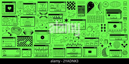 y2k Rave Retro-Computer-Fensteraufkleber, Browser-Seitenoberfläche. Vektor-brutale geometrische Formen und Drahtmodelle, psychedelische Lächeln, Computer-Bildschirmsymbole und -Fenster, y2k ästhetische Sterne und Planeten Stock Vektor