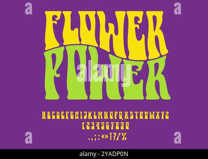 Hippie Psychedelic Schriftart, Retro 60er Jahre Typ, groovige Schrift, Vintage Alphabet, 70er Jahre funky Hippie Flower Power Vektor Typografie. Hippische, groovige Buchstaben und Zahlen, auffällige, kurvenreiche psychedelische Charaktere Stock Vektor