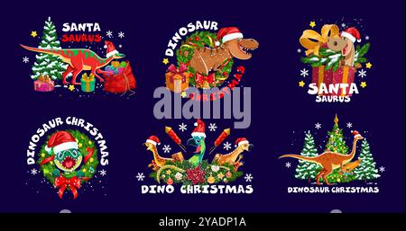 Weihnachtsgrüße für Dinosaurier. Cartoon Vektor festliche Dino-Tiere mit weihnachtsmützen und umgeben von Geschenken, Petards, Bäumen und Schneeflocken mit verspielten, traditionellen Weihnachtszitteln Stock Vektor