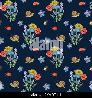 Rote Mohnblumen, Schnecke, Marienkäfer, Lavarinen und Blätter nahtloses Aquarellmuster auf dunkelblauem Hintergrund. Botanische Textur Stockfoto