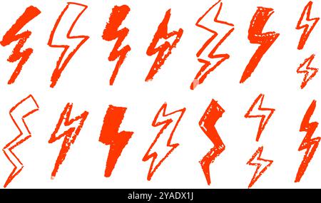 Set von Blitz durch Wachsstift Zeichnung. Sammlung von Handzeichnkreide, Lichterblinkschildern, Doodle Thunder Bolts, roten Designelementen. Graffiti Stock Vektor