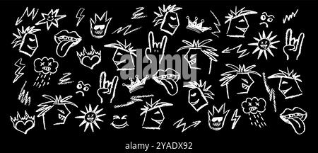 Grunge Rock auf Tafel mit Doodle-Elementen. Wachsstift zeichnet den Mund mit aufgehängter Zunge, weiße Holzkohle-Karikaturwolke im Stil Stock Vektor