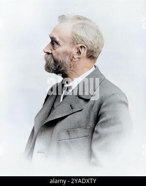 Profilporträt von Alfred Nobel, verwendet auf der Goldnobelpreismedaille, Ende der 1800er Jahre - verbessert mit KI und farbig gefärbt Stockfoto