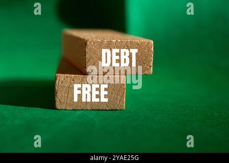 Schuldenfreie Botschaft auf Holzblöcken mit grünem Hintergrund. Konzeptionelles schuldenfreies Symbol. Kopierbereich. Stockfoto