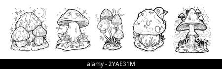 Zauberpilze. Himmlische Hexenlinien, mystische Stern- und Mondsilhouetten. Böhmisches Hexenbündel. Zeichnung im Skizzenstil. Märchenhaft toxische botanische Dekorationen. Ungewöhnliche Flora. Vektorkontur Anlagensatz Stock Vektor