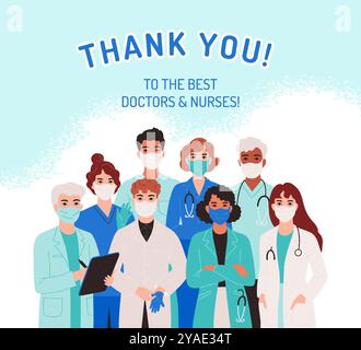Ärzteteam. Medizinisches Pflegepersonal in Maske, Gesundheitsgruppe im Krankenhaus. Professionelle Frau im Gesundheitswesen Held. Männer und Frauen stehen. Poster oder Karte. Vektor-Comic-Leute, flache isolierte Illustration Stock Vektor