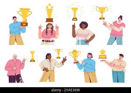 Menschen mit goldenen Bechern. Niedliche Zeichentrickfiguren haben den Siegerpreis, Gewinner mit goldenen Bechern, den ersten Platz in Sport und Wirtschaft, Leistung. Glückliche Männer und Frauen. Vektor isolierte abgewickelte Darstellung Stock Vektor
