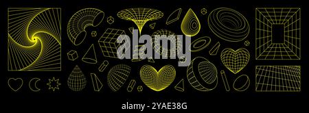 Y2K-Formen. 3D-Retro-Grafiken. Linie Herz. Kugel und Wirbel. Aufkleber mit Rastermusterelementen. Retro-Tech Drahtmodelloberfläche. Coole Geometrie Kunst. Abstrakte Cyber-Line-Sphäre. Vektorsymbole festgelegt Stock Vektor