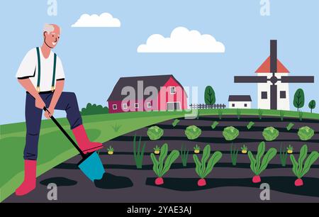 Cartoon-Landschaft. Glücklicher Landarbeiter, der Gemüse anbaut. Haus Bauernhof. Gärtner gräbt Saatbettboden. Scheune und Mühle Ländlicher Garten. Naturkohl- und Karottenanbau. Vector Farming-Konzept Stock Vektor