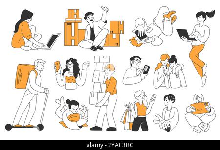 Online-Shopping-Banner. Geschäftsfrau oder Mann mit Telefon, glückliche Verkaufstechnologie, Promotion Marketing isolierte Illustration Set. Kunden mit Smartphone, Kurier auf Roller. Vektorentwurzelemente Stock Vektor