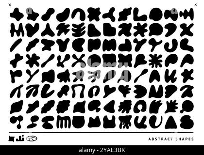 BLOB-Formen. Abstrakte organische Form. Unregelmäßiger Flüssigkeitskreislauf. Runde Wasserblase. Schwarzer Blotch mit Silhouette. Zufallsflüssigkeitsspritzer. Ungleichmäßiger Tintenfleck. Minimaler amorpher Fleck. Vektorsymbole für flache Grafiken gesetzt Stock Vektor