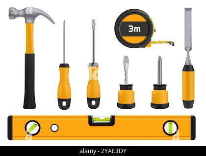 Reparaturwerkzeuge. Zimmermannsinstrument. 3D-Hammer und Lineal. Bauschlüssel. Stahlschraubendreher und Säge. Werkzeugkasten für Metallschlüssel und Bohrer. Baumaschinen. Builder Helm. Vektor-Workshop-Set Stock Vektor