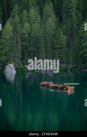 Holzboote, die auf smaragdgrünen Gewässern im Herzen des Pragser Wildsees schwimmen Stockfoto