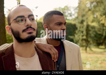 Hübsche Herren in trendigen Herbstoutfits genießen einen ruhigen Moment in einer lebhaften Outdoor-Umgebung. Stockfoto